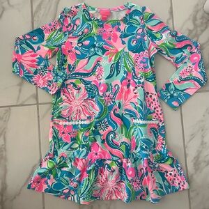 Girls Floral Ruffle Hem Dress in Pink, Teal & Lime